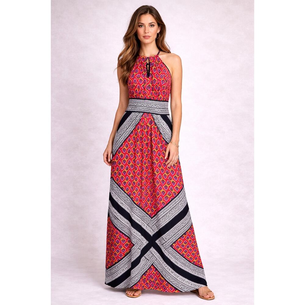 187 SZ 6 London Times Maxi Dress Womens Boho Halter Keyhole Resort Vacation Chic